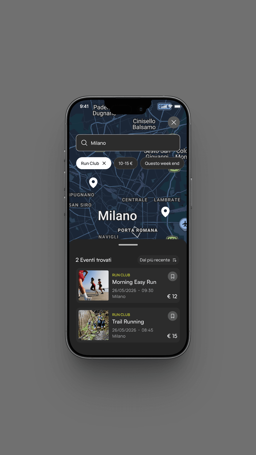App Forte che mostra gli eventi vicino a te su mappa