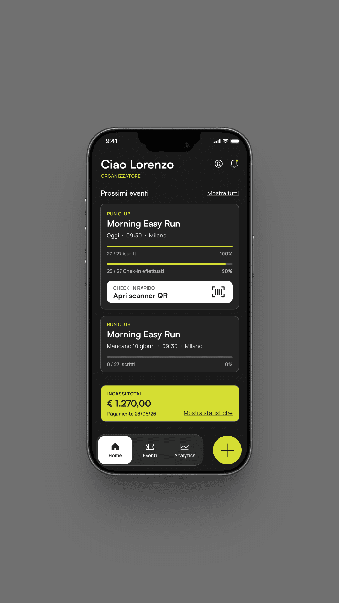 Dashboard organizzatore dell'app Forte
